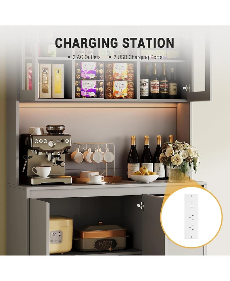 gaomon 71 Inch Tall Grey Kitchen Pantry Cabinet with Led Lights Charging and Microwave Shelf