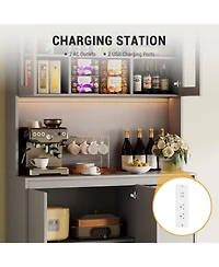 gaomon 71 Inch Tall Grey Kitchen Pantry Cabinet with Led Lights Charging and Microwave Shelf