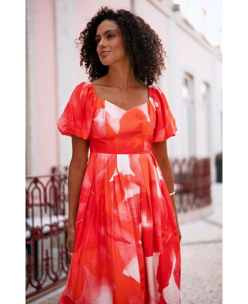 Yumi Women's Floral Midi Dress With Puff Sleeves