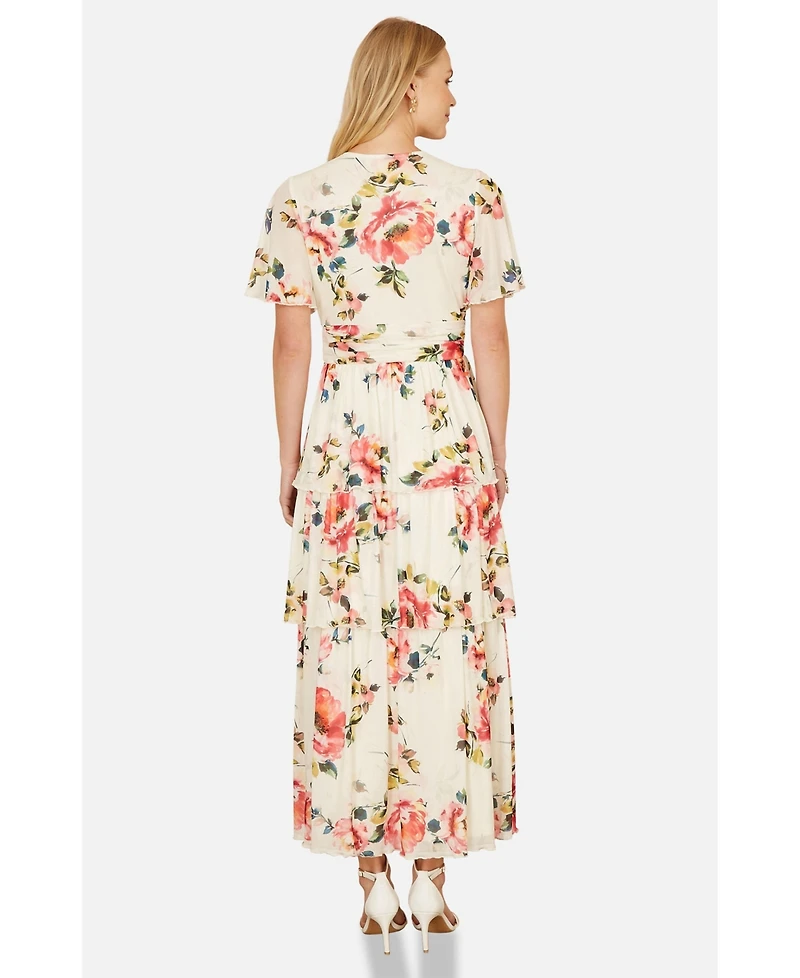 Yumi Women's Floral Mesh Tiered Maxi Dress