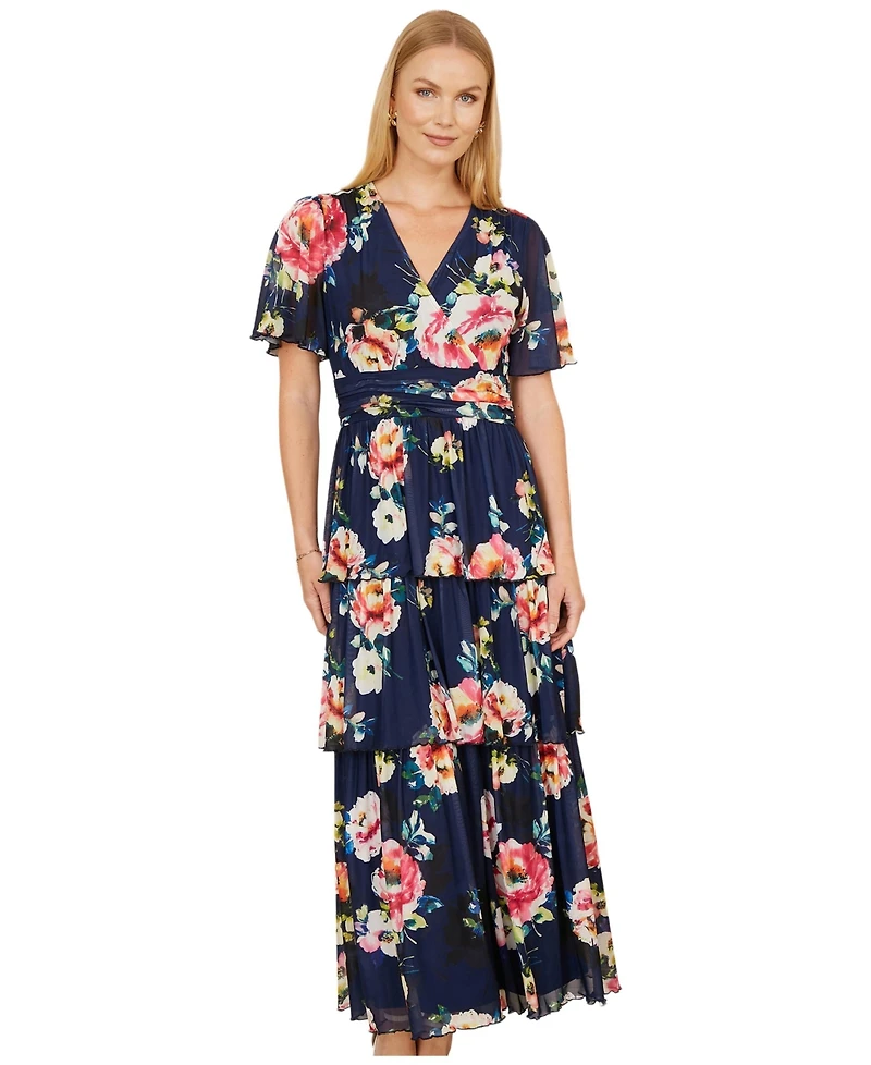 Yumi Women's Mesh V-Neck Tiered Maxi Dress