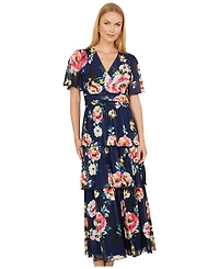 Yumi Women's Mesh V-Neck Tiered Maxi Dress
