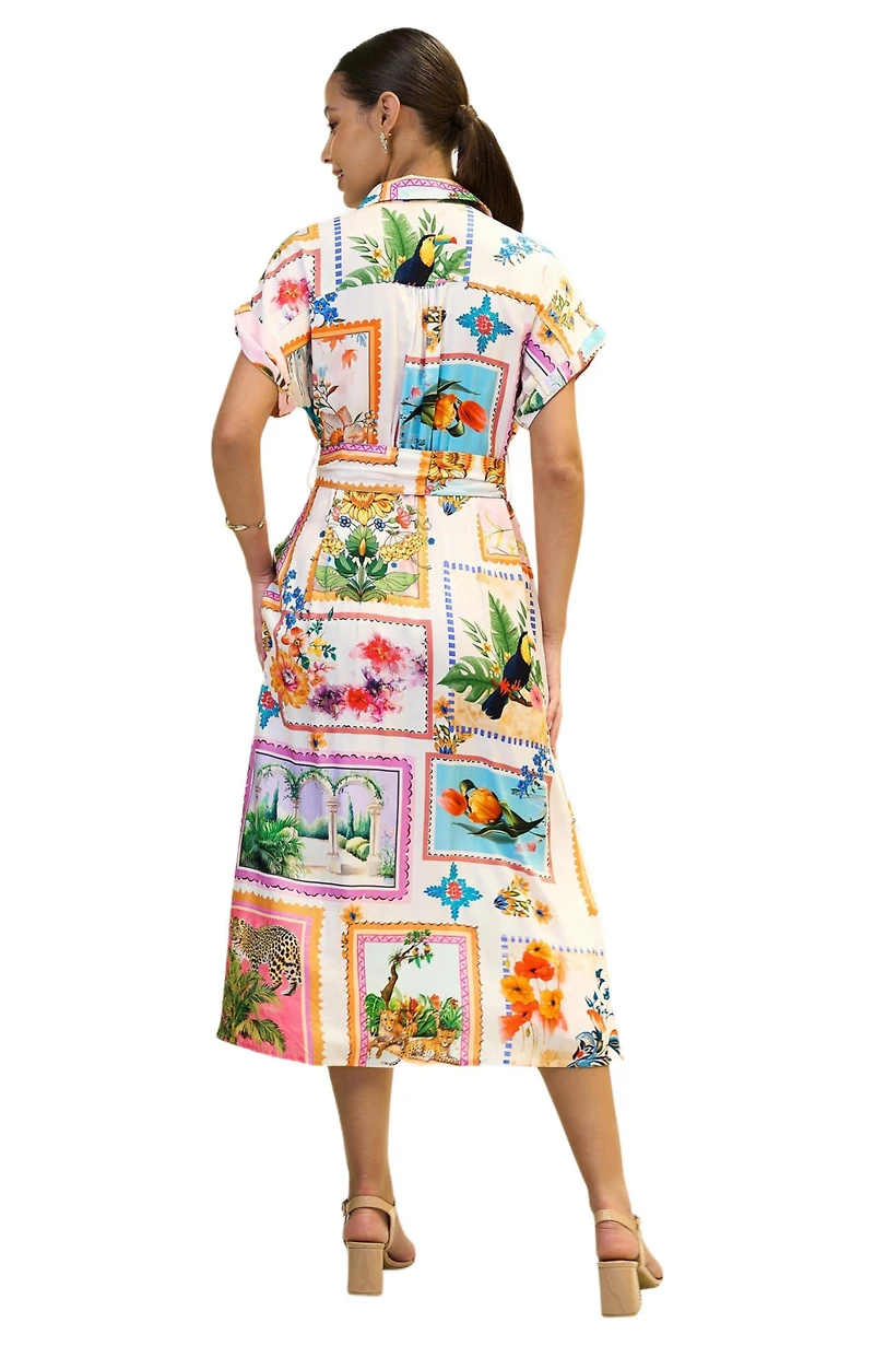 Yumi Women's Tropical Postcard Print Midi Shirt Dress