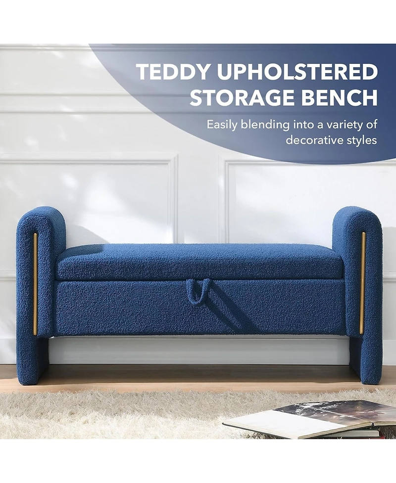 Rainsken Upholstered Storage Ottoman, Modern Teddy End of Bed Bench, Window Storage Stool with Arms for Living Room, Bedroom