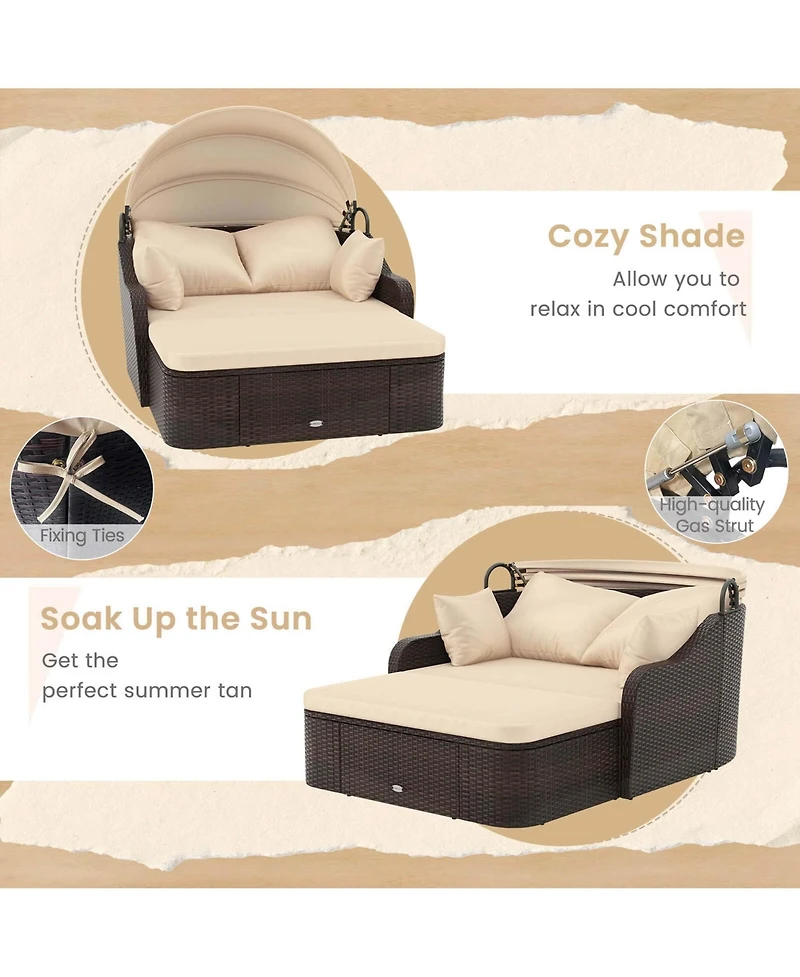 Gymax Outdoor Pe Rattan Daybed w/ Retractable Canopy Soft Cushions & Extra Pillows