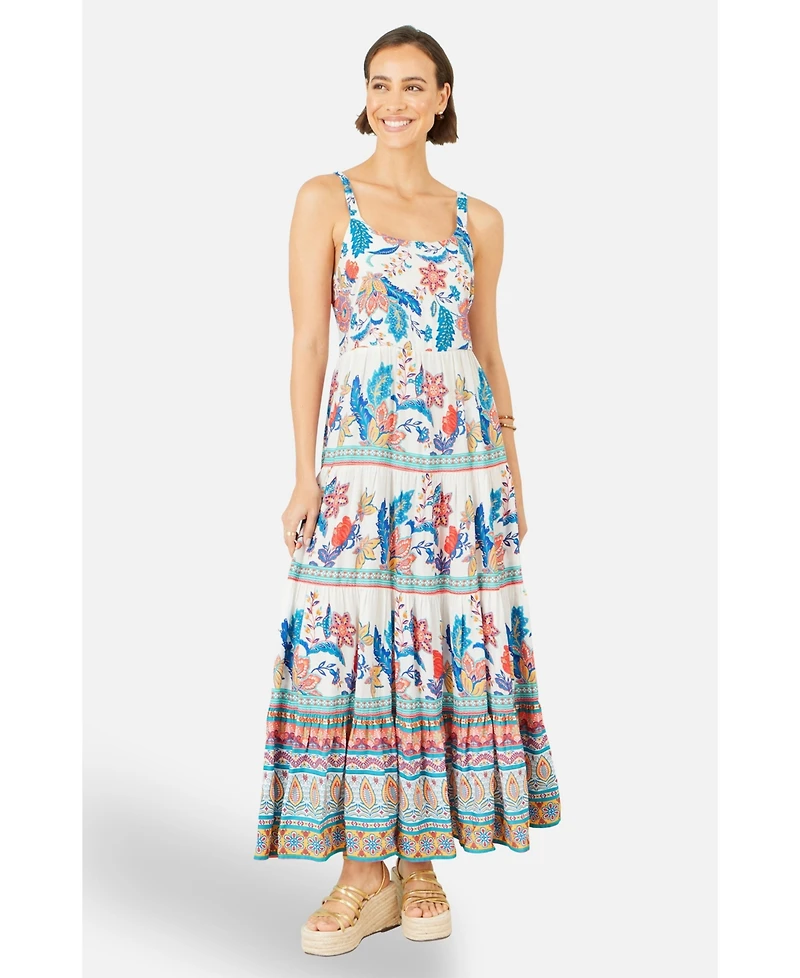 Yumi Women's Floral Block Print Tiered Maxi Sun Dress