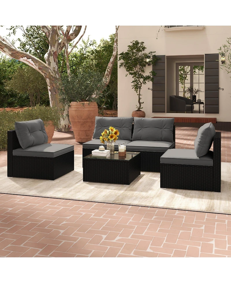 Gymax Set Of 5 Outdoor Furniture Set w/ Seat & Back Cushions Tempered Glass Tabletop