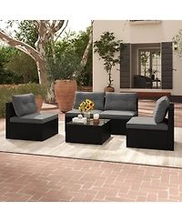 Gymax Set Of 5 Outdoor Furniture Set w/ Seat & Back Cushions Tempered Glass Tabletop