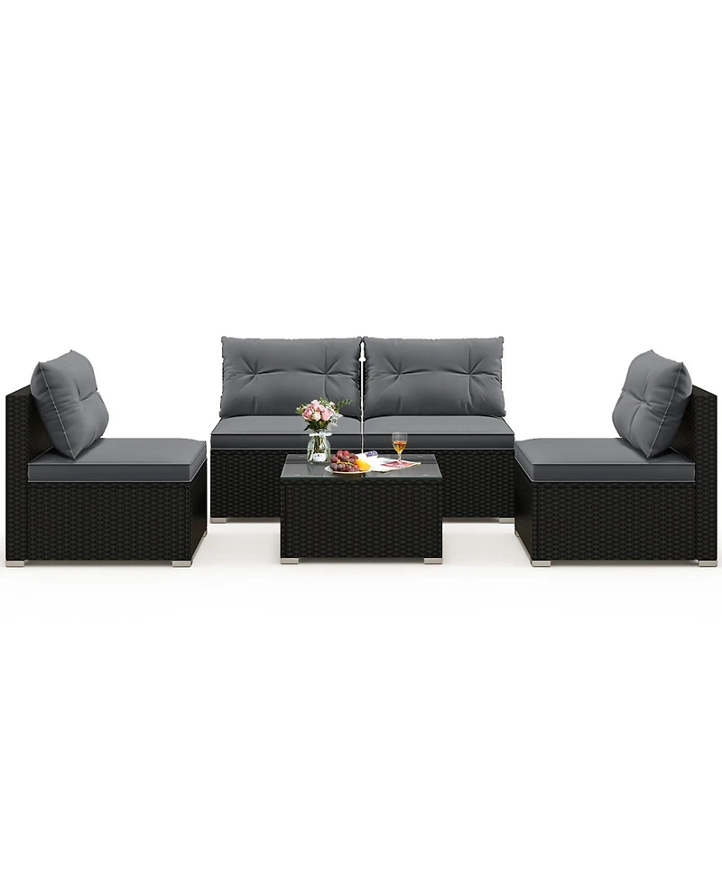 Gymax Set Of 5 Outdoor Furniture Set w/ Seat & Back Cushions Tempered Glass Tabletop
