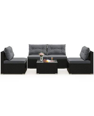 Gymax Set Of 5 Outdoor Furniture Set w/ Seat & Back Cushions Tempered Glass Tabletop