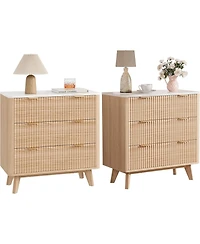 gaomon 32" Width Fluted Nightstand Set of 2, Modern 3 Drawer Bedside Table with Faux Marble Top, Wood Chest of Bedside Table with Curved Profile