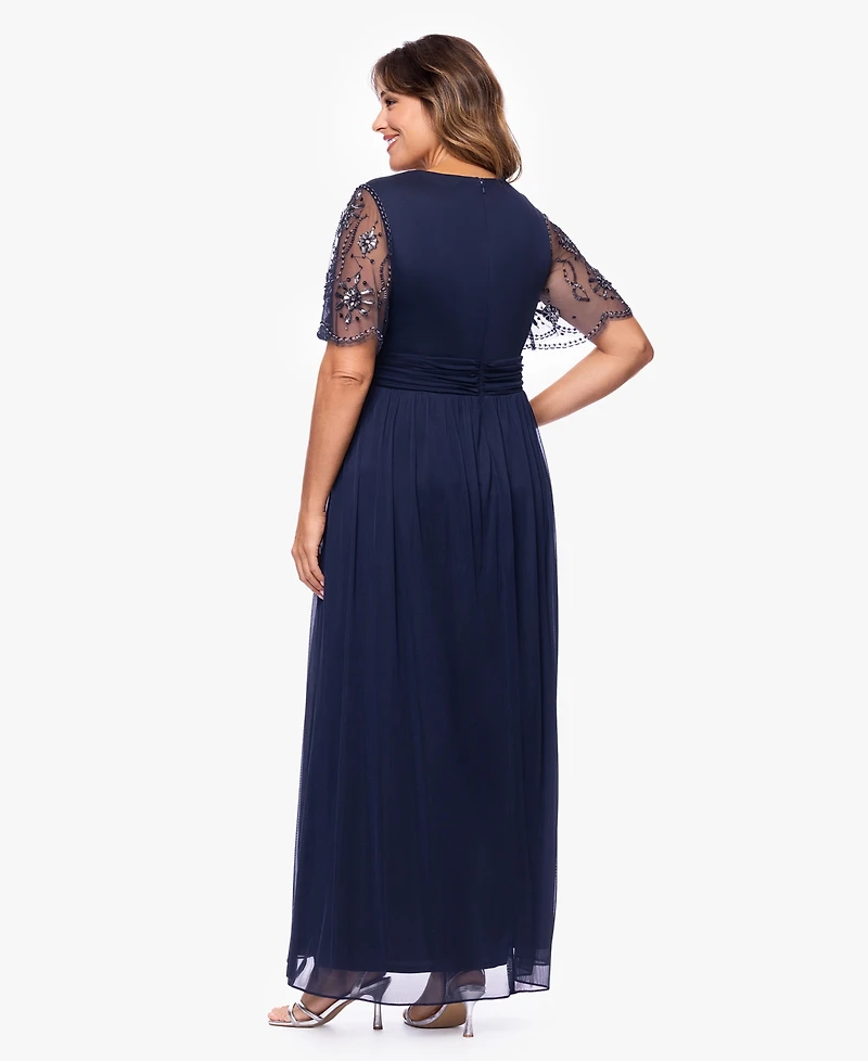 Xscape Plus Beaded Sleeve Slit Gown