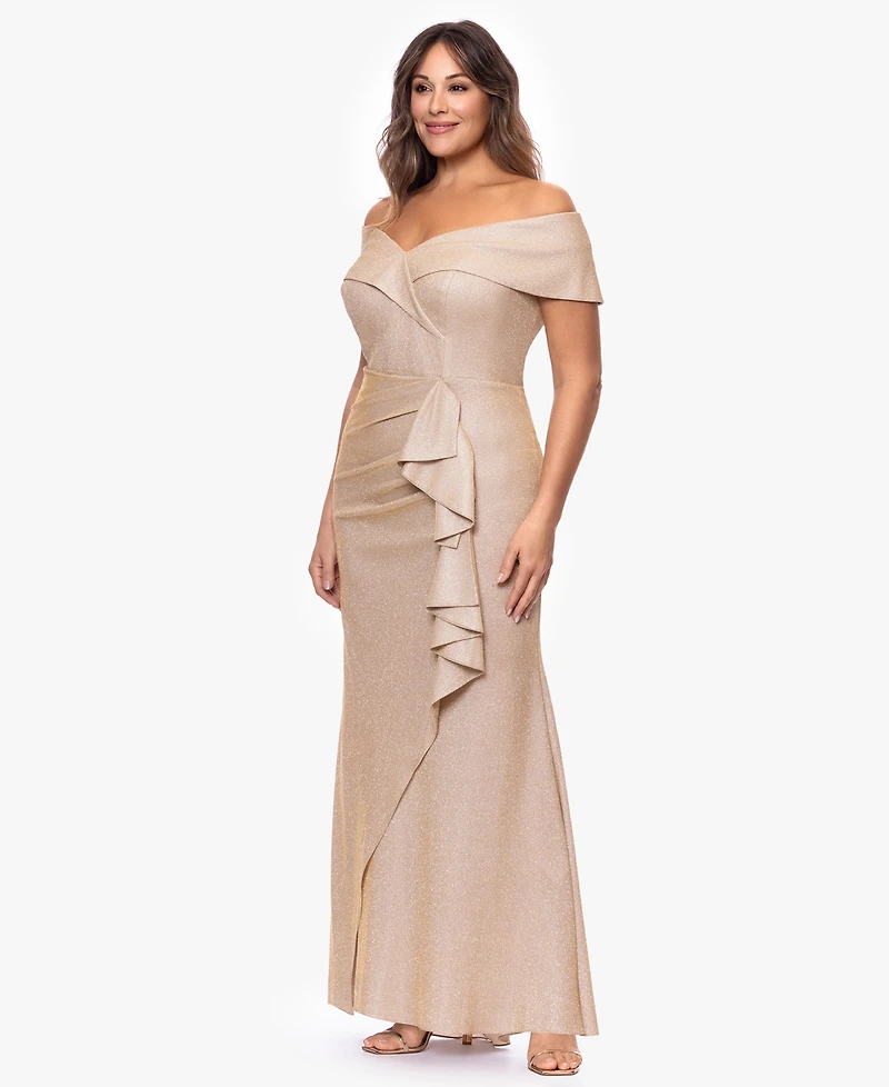 Xscape Plus Foil Knit Off-The-Shoulder Ruffle Gown