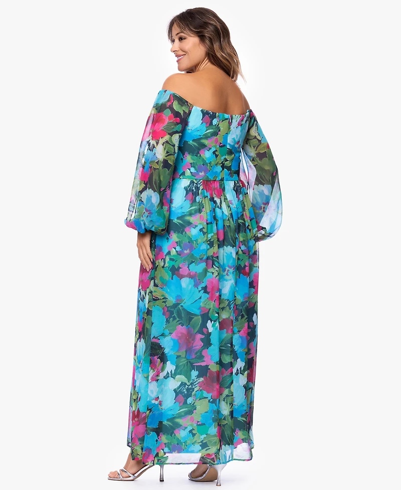Xscape Plus Off-The-Shoulder Long-Sleeve Printed Gown