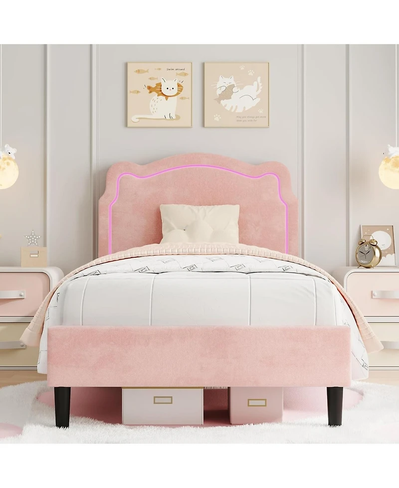 gaomon Bed Frame Pink Velvet Adjustable Bear Headboard Noise Free Rgb Led Lights No Box Spring
