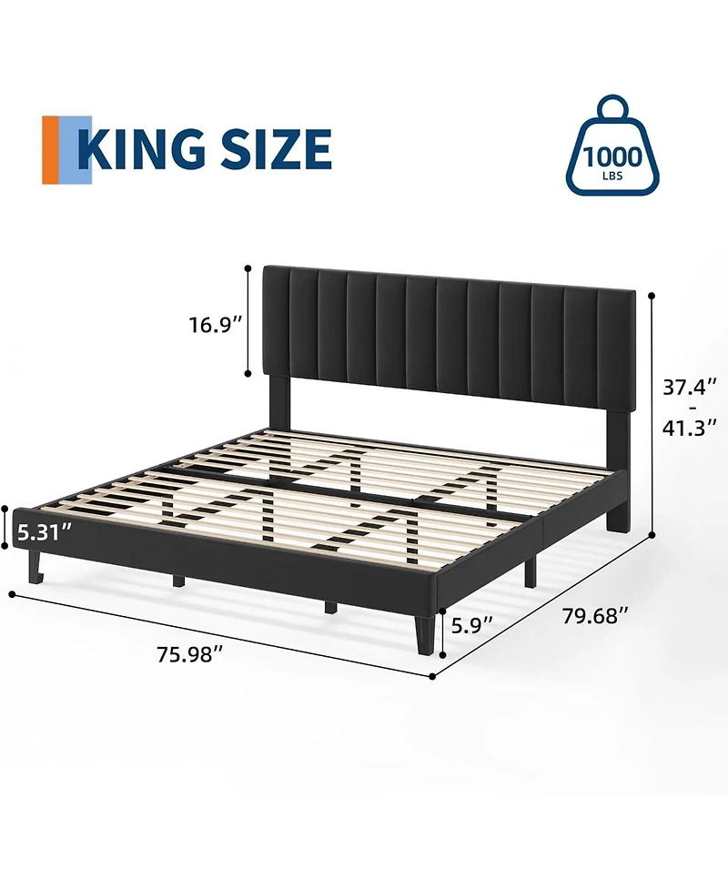 gaomon King Bed Frame, Velvet Upholstered Platform with Adjustable Vertical Channel Tufted Headboard, No Box Spring Needed, Easy Assembly