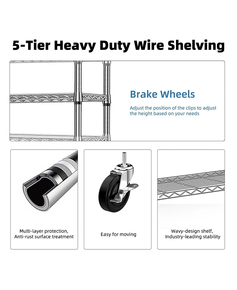 Rainsken 5-Tier Storage Shelves, Heavy Duty Metal Wire Shelving Unit, Adjustable Shelving Rack with Wheels for Basement, Warehouse, Chrome