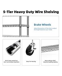 Rainsken 5-Tier Storage Shelves, Heavy Duty Metal Wire Shelving Unit, Adjustable Shelving Rack with Wheels for Basement, Warehouse, Chrome
