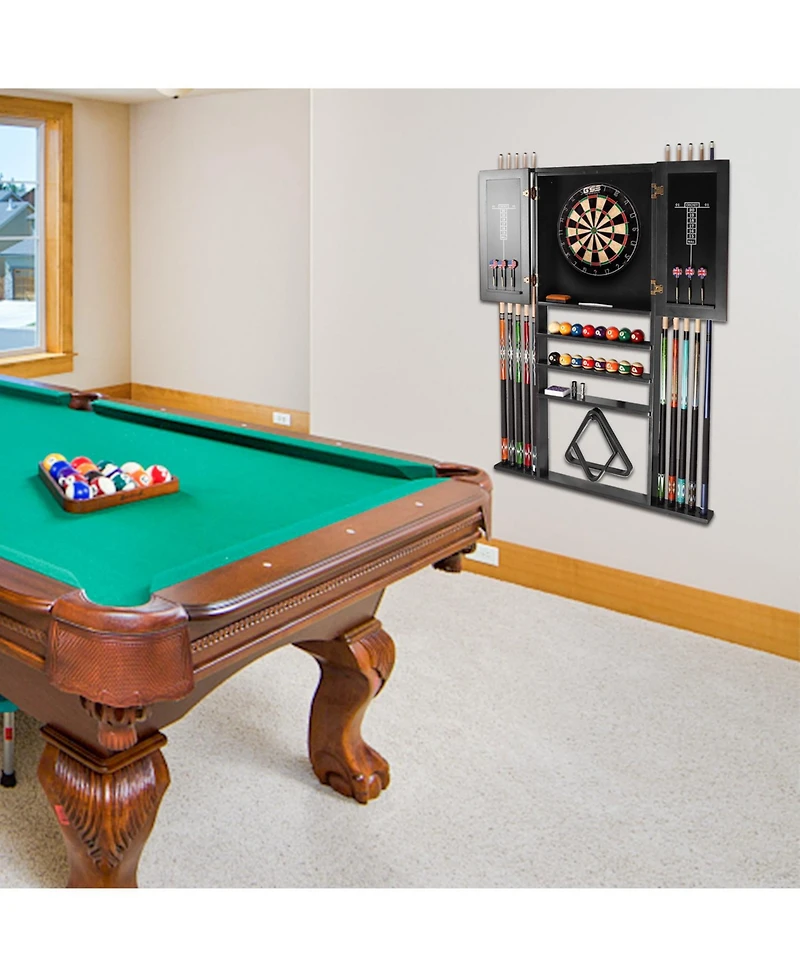 Gse Games & Sports Expert Wood 10 Billiard Pool Cue Rack & Dart Board Cabiner Combination Rack Only