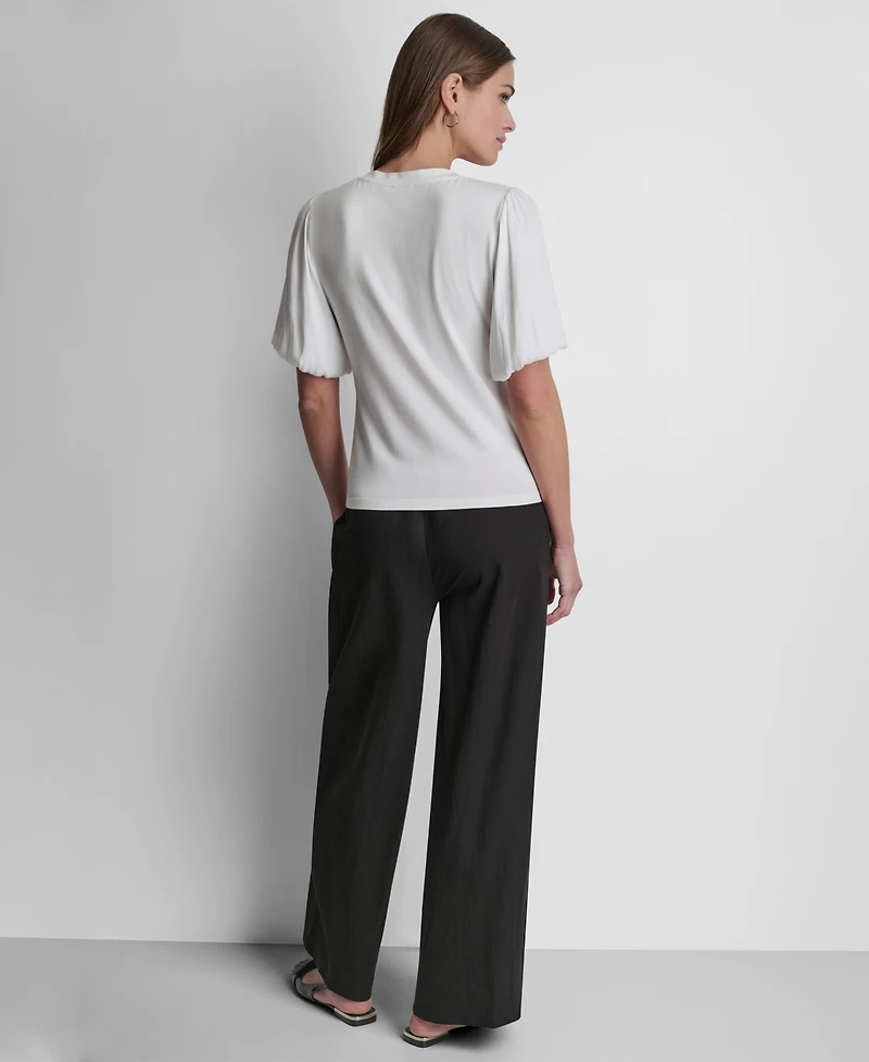 Dkny Women's Puffed Crewneck Mix Media Knit Top