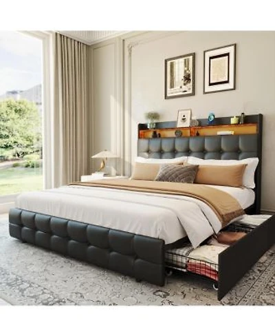 Gaomon Bed Frame With 2 Storage Drawers Upholstered Bed Frame Full Led Light Double Layer Bedside Headboard Charging Socket Usb