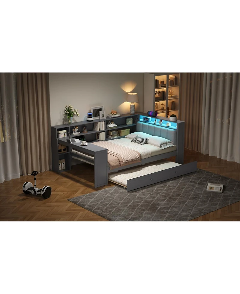 Streamdale Furniture Twin Wood Platform Bed with Storage, Trundle, Charging Ports, Led Lighting, and Desk Headboard