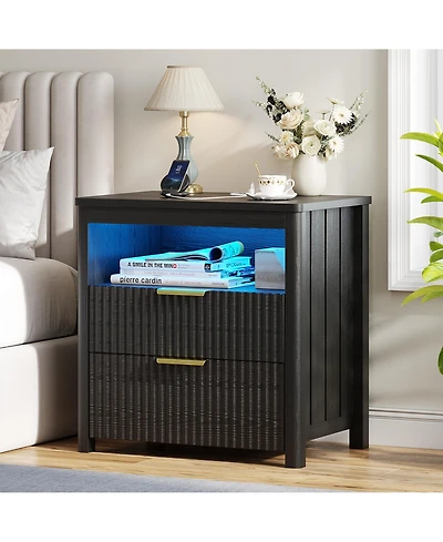 Vlsrka 24" Modern Led Nightstand with 3 Drawers and Charging Station