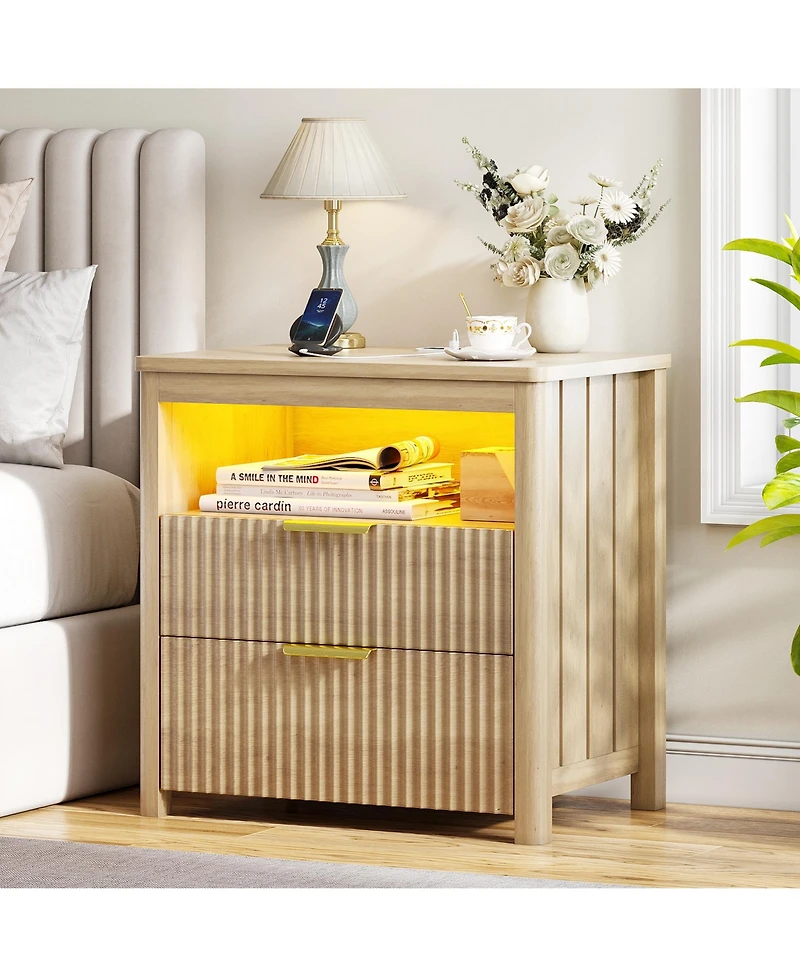 Vlsrka 24" Modern Led Nightstand with 3 Drawers and Charging Station