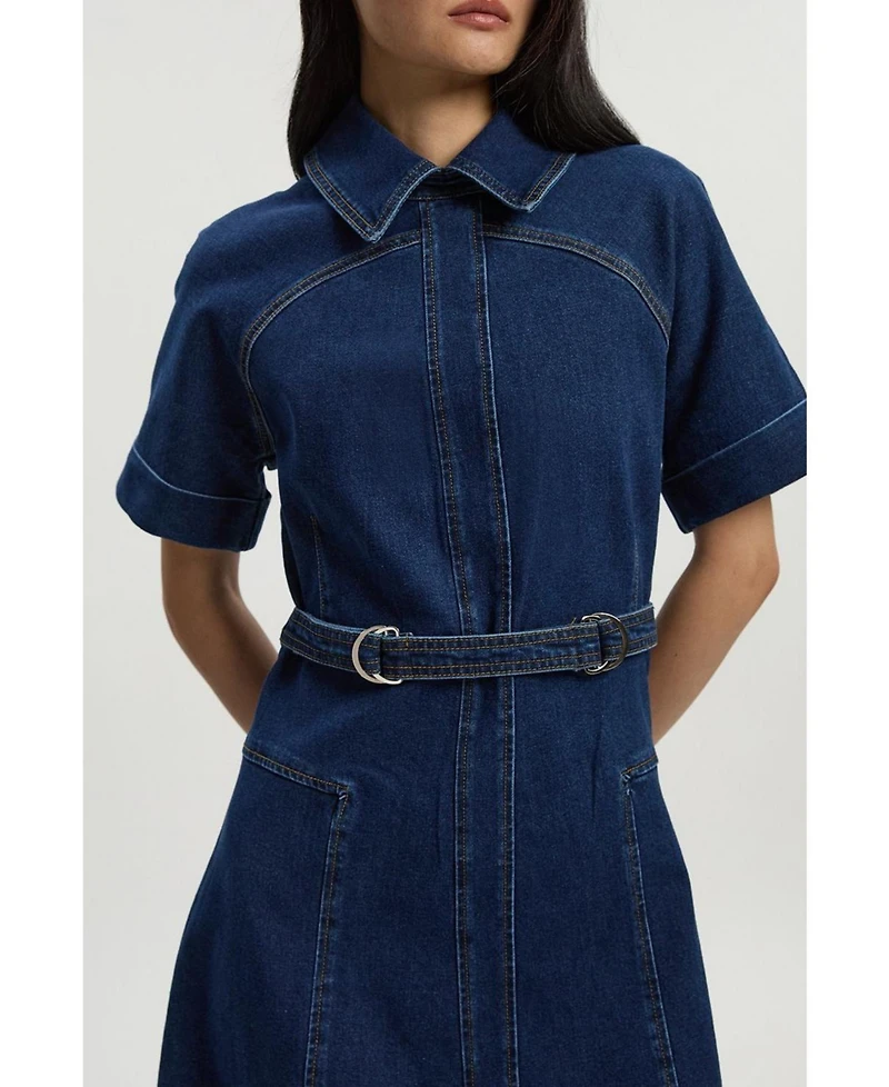 Karen Millen Women's Petite Stretch Denim Tab Belt Midi Dress