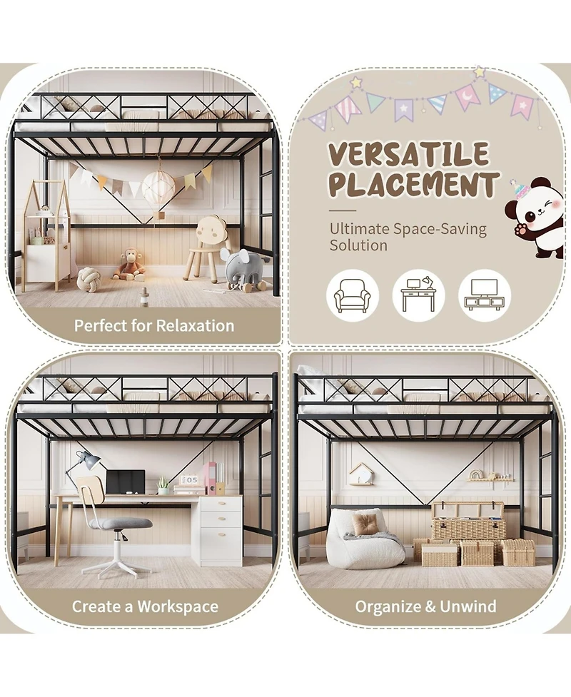gaomon Loft Bed for Teens & Adults, Metal Frame with Safety Guardrail Flat Ladder Rung, Heavy Duty Steel Slats, Space Saving Design, No Box