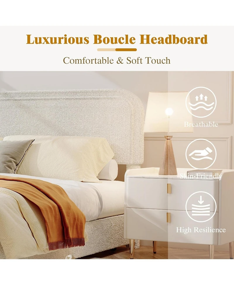 gaomon Full Size Boucle Bed Frame, Modern Beige Upholstered Platform Bed Frame with Headboard, 4 Storage Drawers, Wooden Slats Support, No Box Spring