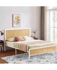 gaomon Full Rattan Bed Frame With Led Headboard Metal Platform Storage Rounded Corners Noise Free No Box Spring