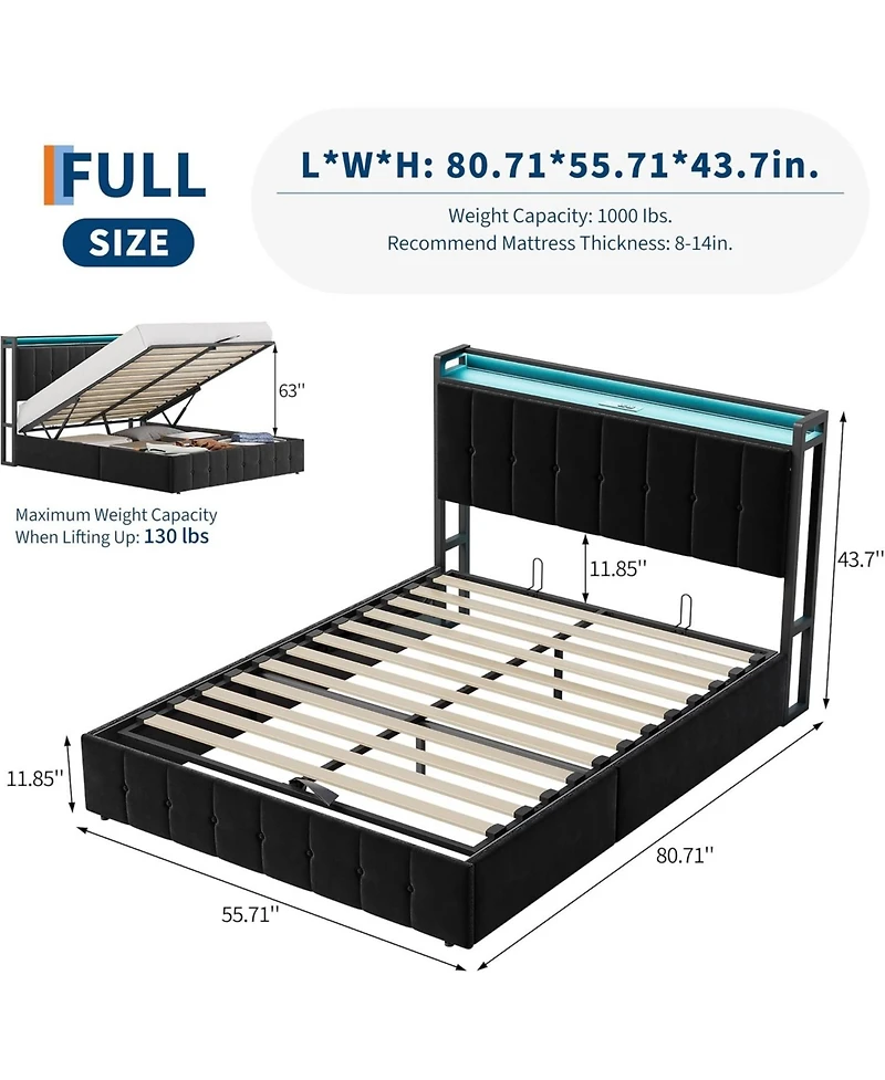 gaomon Full Lift Up Storage Upholstered Bed Frame with Led Charging Button Headboard Sturdy Wood Slats Metal Platform No Box Spring