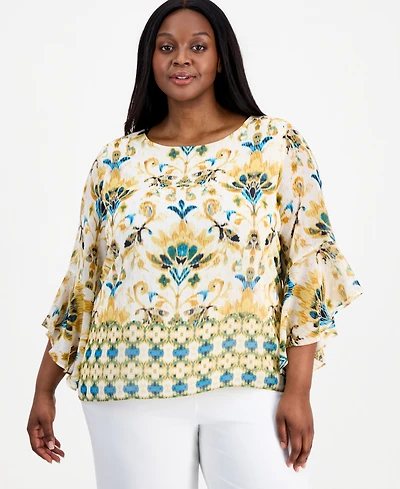 Kasper Plus Border-Print Ruffle-Sleeve Top