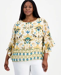 Kasper Plus Border-Print Ruffle-Sleeve Top