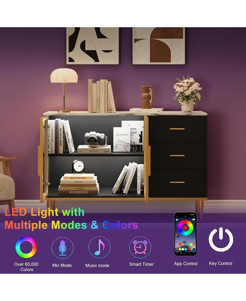 gaomon Fluted Buffet Cabinet with Storage Led Lights Plus 3 Drawers Modern Sideboard Table for Kitchen Living Room.
