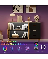 gaomon Fluted Buffet Cabinet with Storage Led Lights Plus 3 Drawers Modern Sideboard Table for Kitchen Living Room.