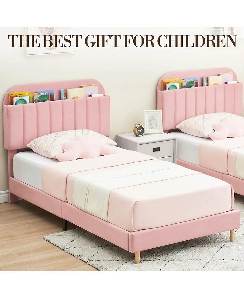 gaomon Twin Xl Bed Frame Storage Headboard Velvet Upholstered Platform Bed Kids Wood Slats Noise Free Light