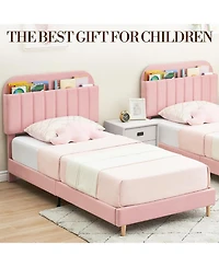 gaomon Twin Xl Bed Frame Storage Headboard Velvet Upholstered Platform Bed Kids Wood Slats Noise Free Light