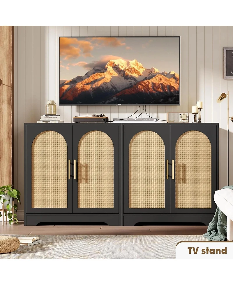 gaomon Wood Storage Cabinet with 2 Rattan Doors, Adjustable Shelf, Rustic Sideboard/Tv Stand, Living Room.