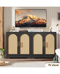 gaomon Wood Storage Cabinet with 2 Rattan Doors, Adjustable Shelf, Rustic Sideboard/Tv Stand, Living Room.