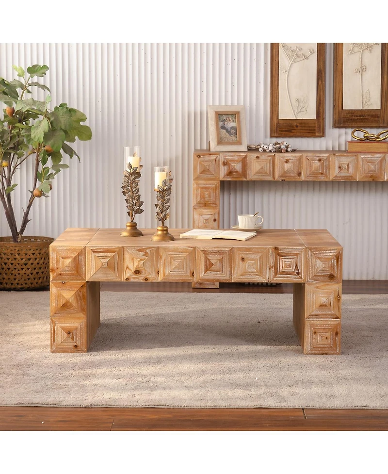 Streamdale Furniture Rustic Geometric Relief Coffee Table - Solid Wood & Mdf