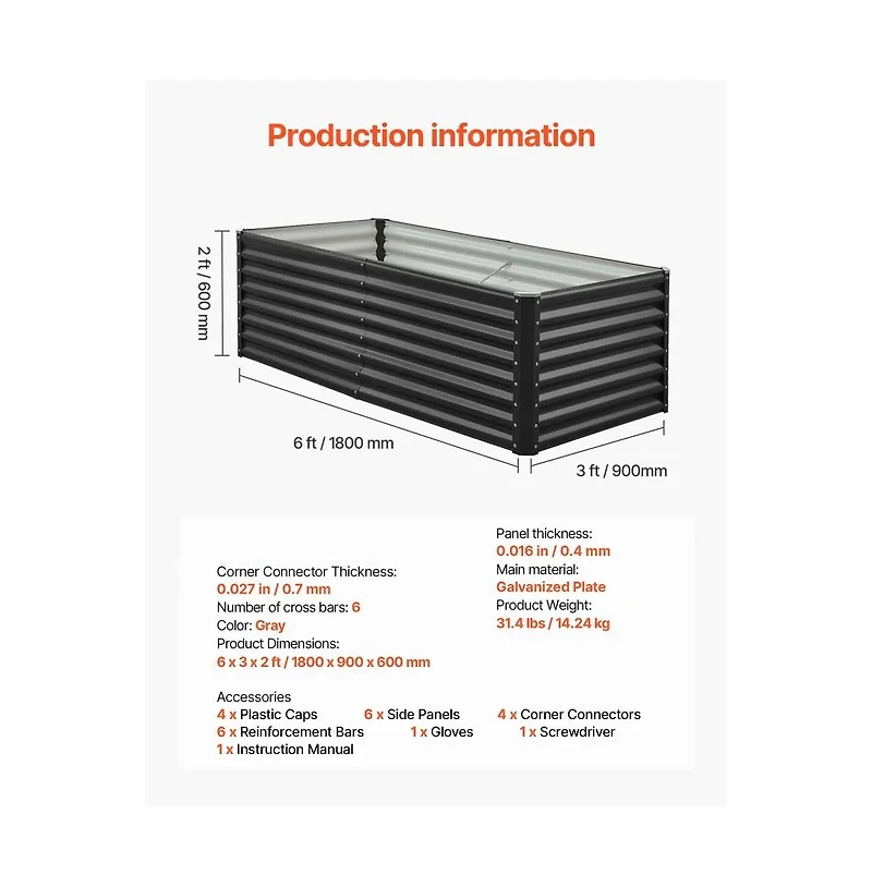 Slickblue 6x3x2 ft Galvanized Metal Raised Garden Bed