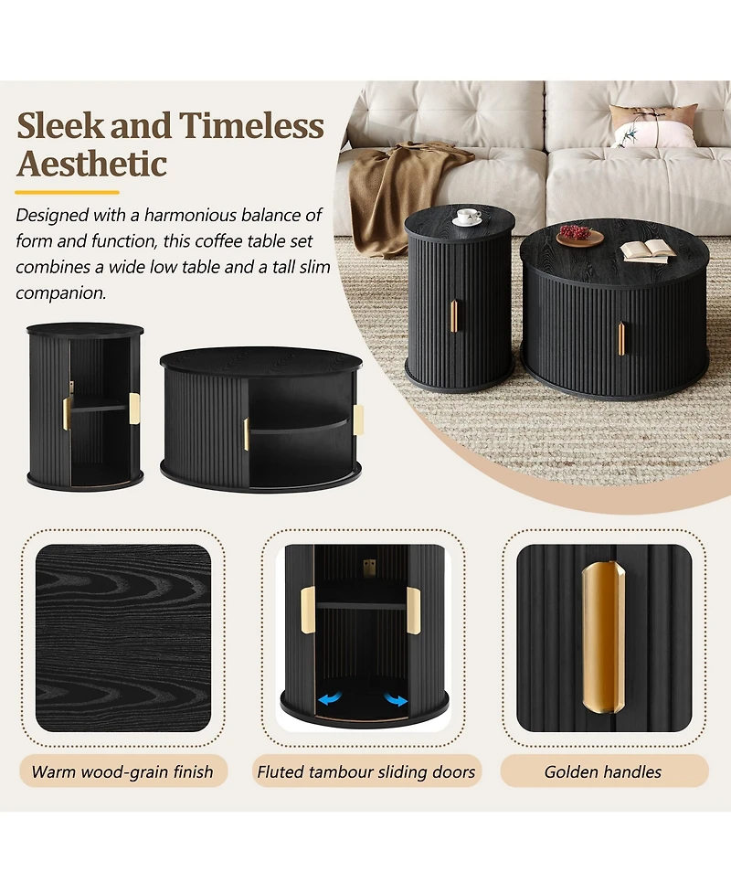 Rainsken Mid-Century Coffee Table Set, Round Fluted End Table With Storage, Golden Handle and Sliding Tambour Door, Side Table for Living Room