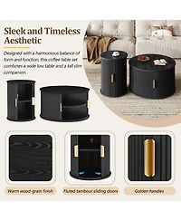 Rainsken Mid-Century Coffee Table Set, Round Fluted End Table With Storage, Golden Handle and Sliding Tambour Door, Side Table for Living Room