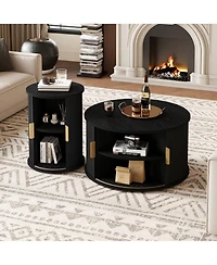 Rainsken Mid-Century Coffee Table Set, Round Fluted End Table With Storage, Golden Handle and Sliding Tambour Door, Side Table for Living Room