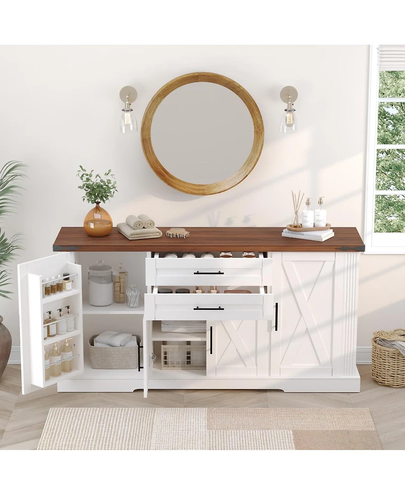 Streamdale Furniture Farmhouse Barn Door Storage Cabinet with 2 Drawers & Door Rack