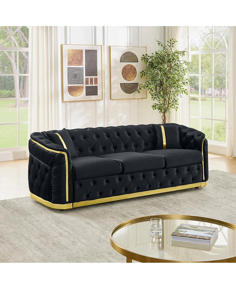 Streamdale Furniture Mid Century Modern 3 Seater Velvet Chesterfield Sofa with 2 Pillows