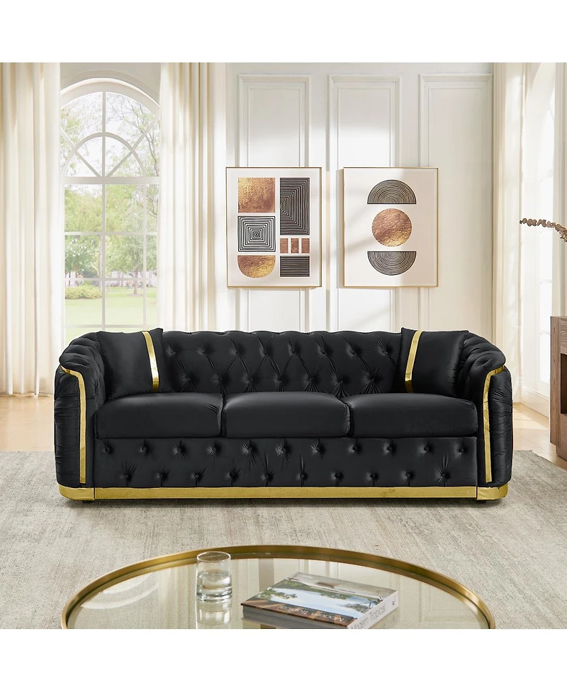 Streamdale Furniture Mid Century Modern 3 Seater Velvet Chesterfield Sofa with 2 Pillows