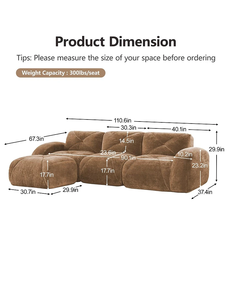 Streamdale Furniture Camel L-Shaped Velvet Sofa with Tufted Design, Ergonomic, High-Density Sponge, No Assembly